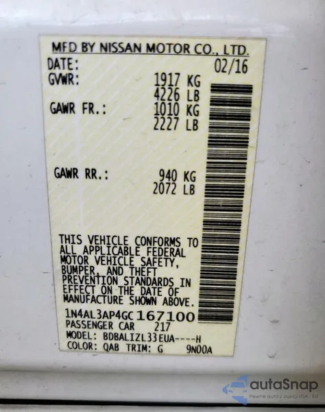 2016 Nissan Altima 2.5 z USA, uszkodzony, nr VIN 1N4AL3AP4GC167100